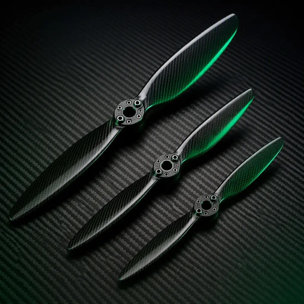 Studio macro photograph of three different UAV propeller sizes arranged on a dark surface, carbon fiber texture, green accent rim light, precision engineering aesthetic, no people faces, no text, no logos