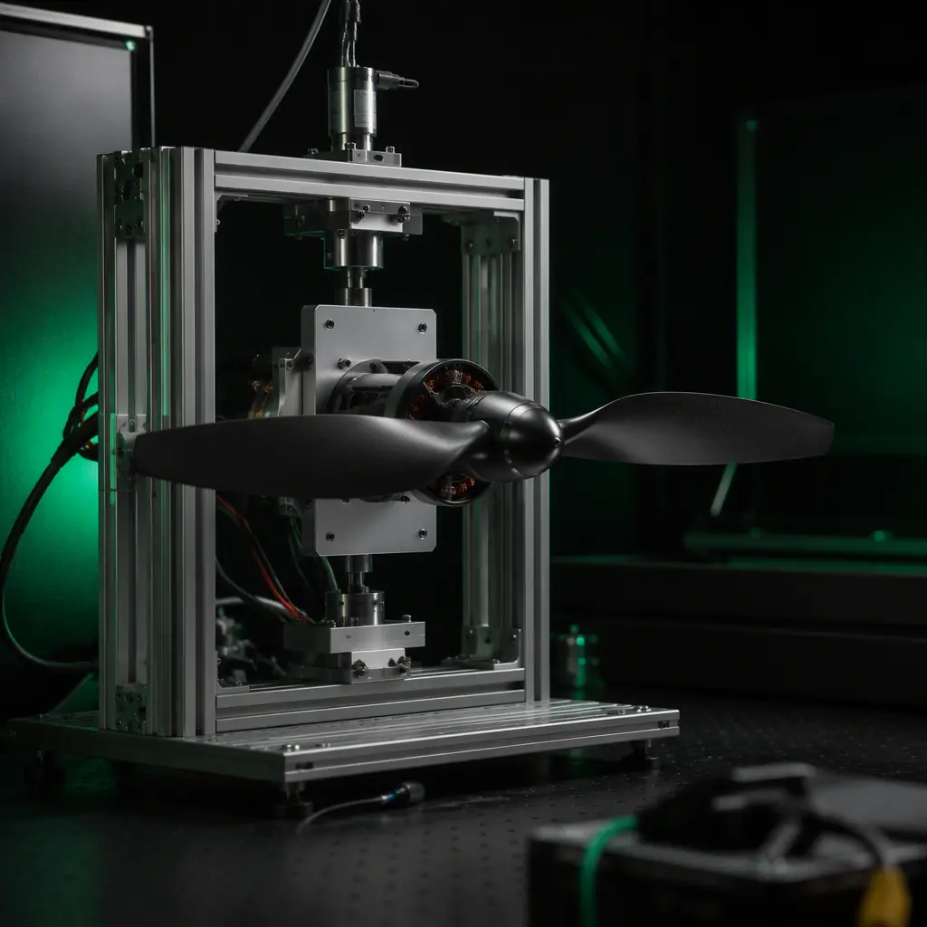 Photograph of a UAV propulsion thrust test stand with motor and propeller mounted on a load cell frame, dark laboratory setting, green accent lighting, no people faces, no text, no logos