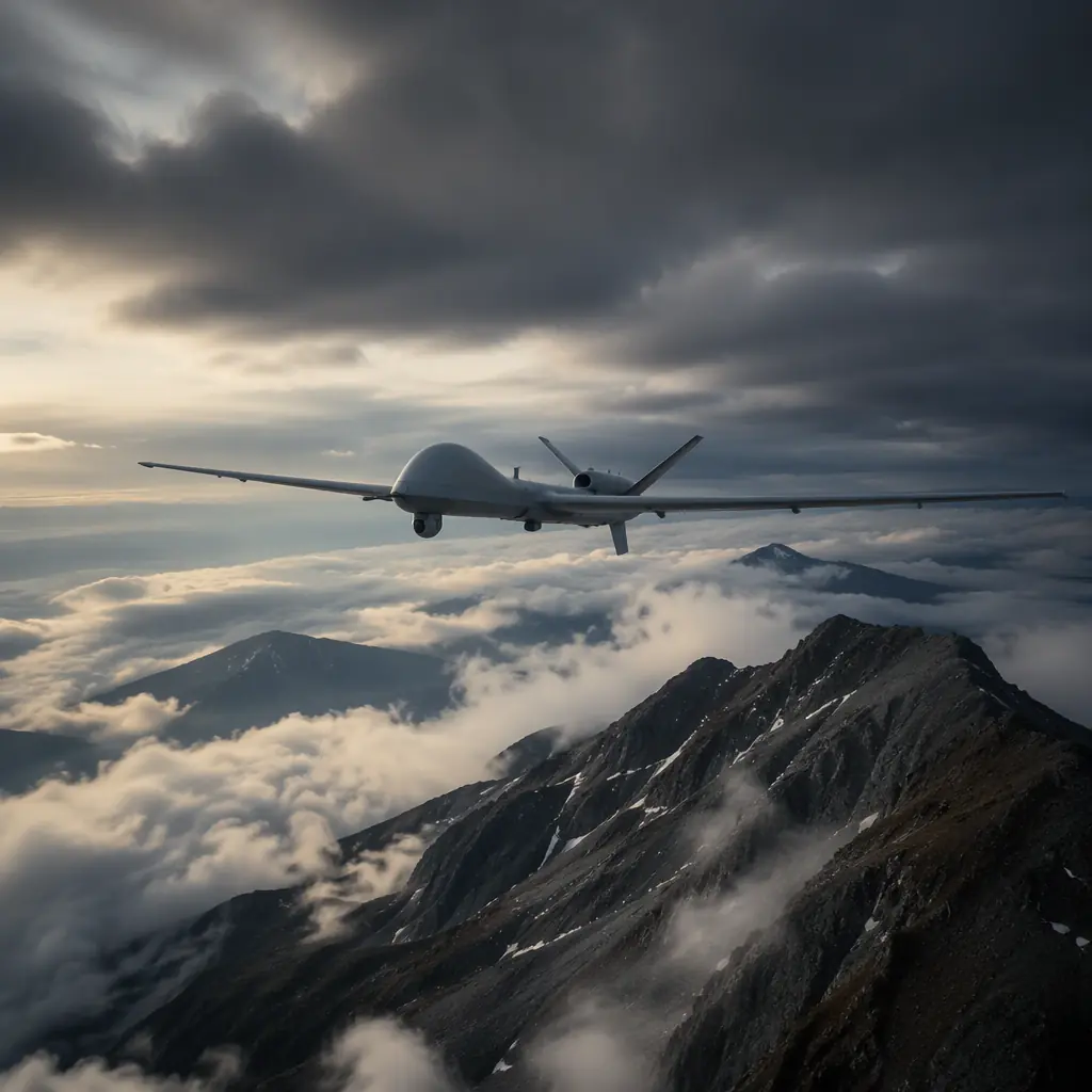 Wide photograph of a UAV flying over a windswept ridgeline at altitude with clouds below and a dark dramatic sky, endurance mission atmosphere, no people faces, no text, no logos