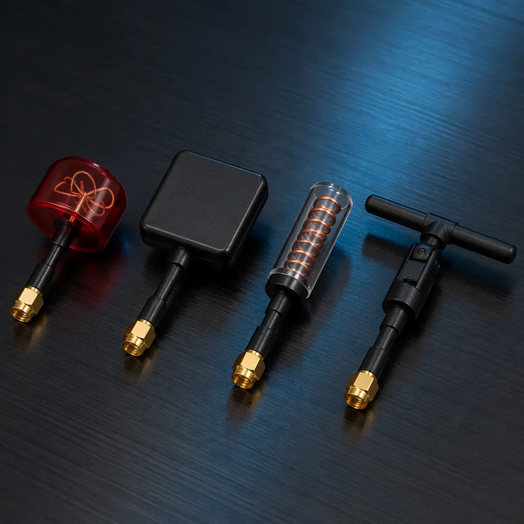 Assortment of UAV FPV antennas on dark engineering surface — circular polarized cloverleaf antenna, directional patch antenna, helical antenna and dipole antenna — arranged with SMA connectors visible, RF engineering workbench aesthetic with signal pattern visualization overlay