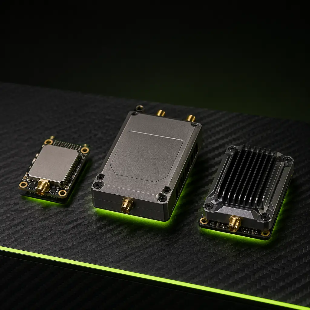 Three industrial UAV digital video transmitter modules arranged side by side on dark engineering surface — DJI O3 air unit, HDZero VTX module and Walksnail Avatar air unit — each with its antenna and camera module connected, professional product comparison aesthetic with green accent lighting