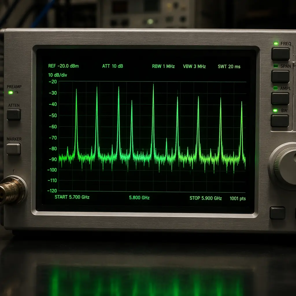 RF spectrum analyzer display showing 5.8 GHz band with multiple video downlink channels visible as distinct signal peaks, different modulation bandwidths clearly visible, spectrum analyzer screen with green trace on dark background, professional RF engineering laboratory aesthetic