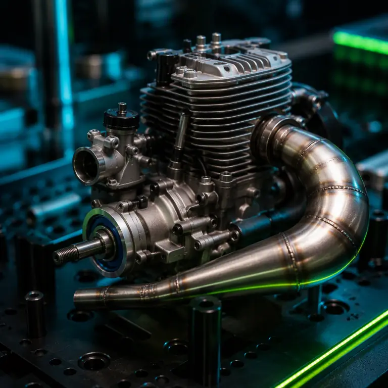Macro photograph of a compact two-stroke UAV engine with tuned exhaust and carburetor on a dark workbench, machined cylinder fins, green LED accent lighting, precision mechanical engineering aesthetic, no people faces, no text, no logos