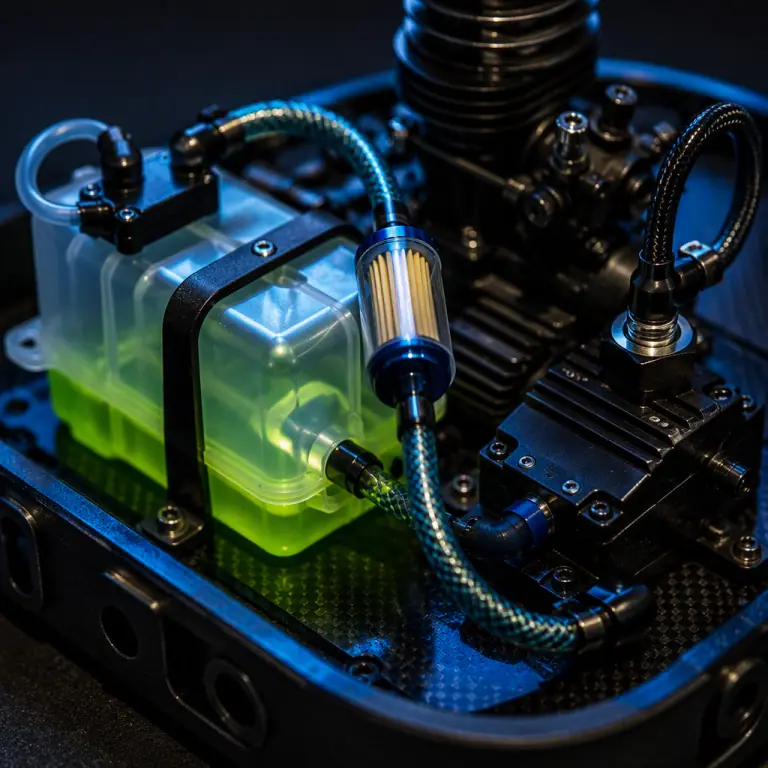 Macro photograph of a UAV fuel system with translucent clunk fuel tank, filtered pickup, fuel lines and CDI ignition module with shielded plug lead on a dark workbench, precision plumbing aesthetic, green accent lighting, no people faces, no text, no logos