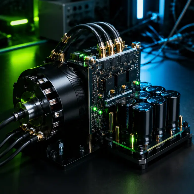 Photograph of a UAV hybrid generator module with permanent-magnet generator, three-phase rectifier board and bus capacitors on a dark lab bench, gold-plated connectors, green status LEDs, precision power electronics aesthetic, no people faces, no text, no logos