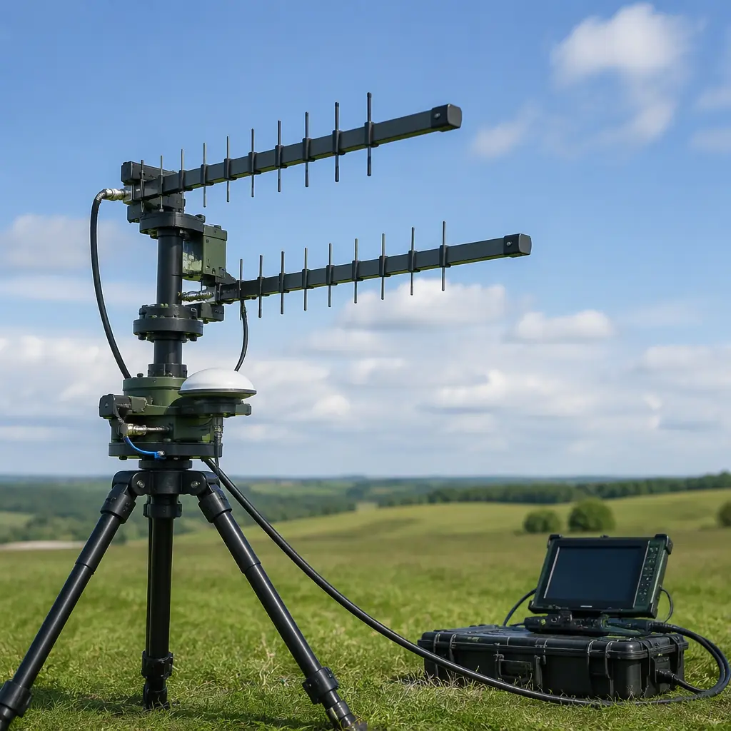UAV ground station antenna system — motorized antenna tracker with dual Yagi antennas on azimuth-elevation mount, tripod base with GPS module for automatic tracking, RF coax cable to ground telemetry radio, outdoor field deployment on grassy terrain, professional communications engineering aesthetic