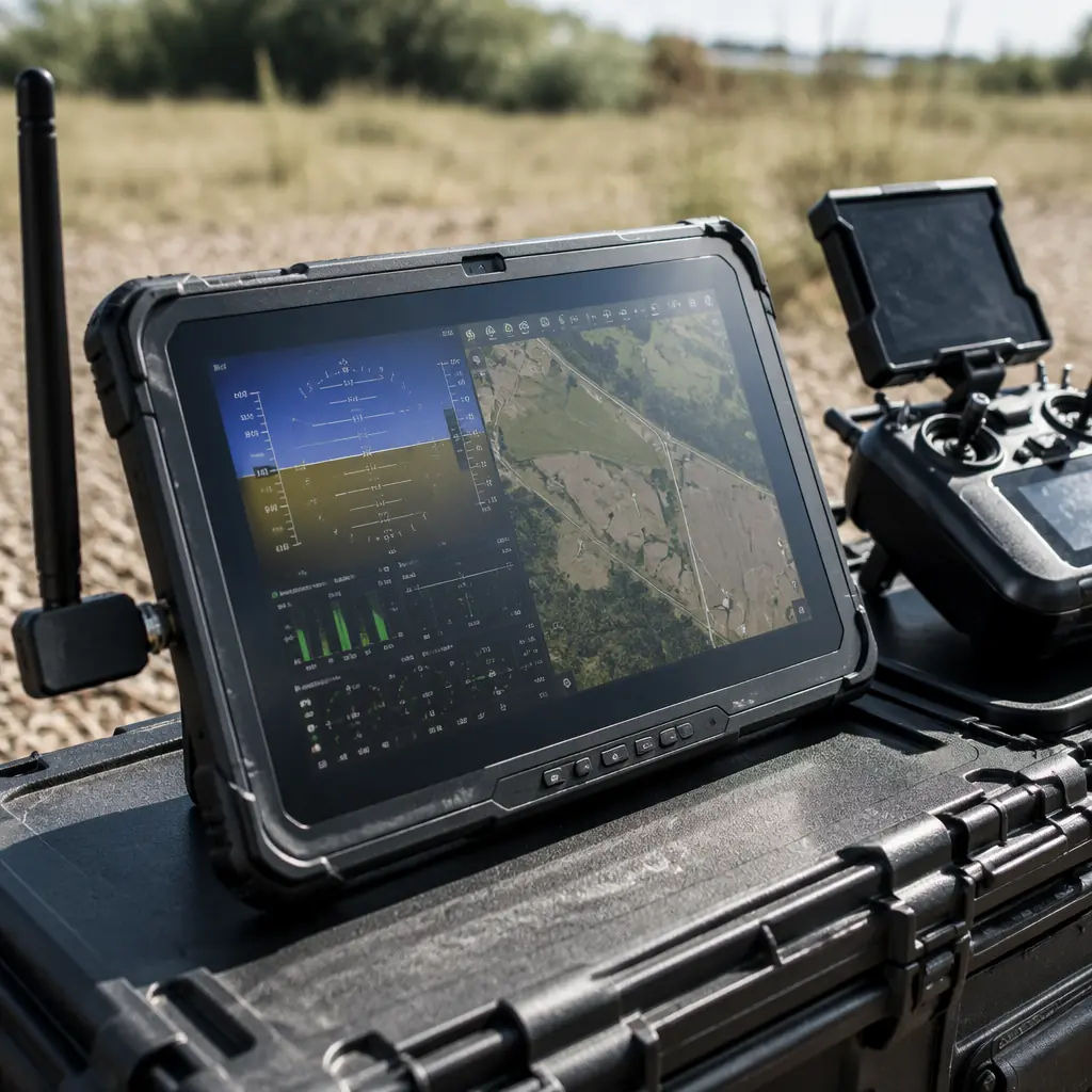 Rugged tablet ground control station in field deployment — Panasonic Toughpad running QGroundControl with satellite map and telemetry overlay, telemetry radio USB dongle connected, joystick controller, antenna tripod in background, outdoor industrial drone operations environment with bright sunlight