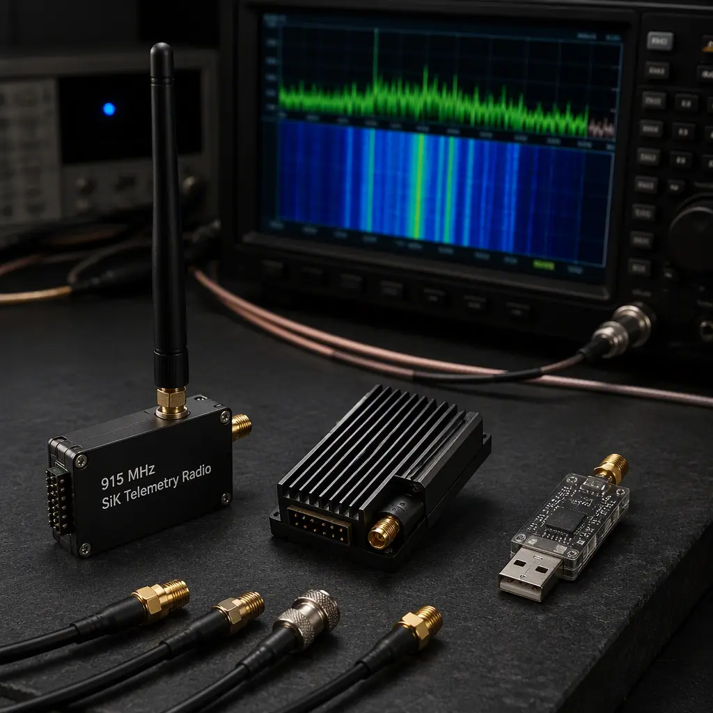 Telemetry radio modules comparison on dark engineering surface — 915 MHz SiK radio with dipole antenna, 433 MHz long-range radio module with SMA connector, 2.4 GHz mini telemetry radio, USB ground station radio dongle, RF spectrum analyzer displaying frequency-hopping pattern on screen, professional RF engineering aesthetic with green accent