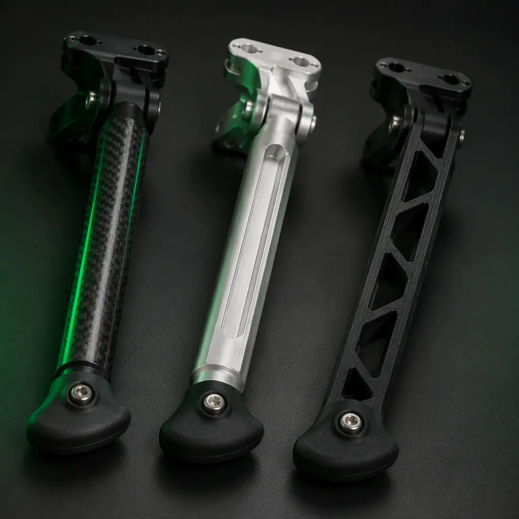 Three UAV landing gear legs made of carbon fiber, aluminum and 3D-printed TPU side by side on a dark surface, studio macro shot, green accent lighting, no people faces, no text, no logos