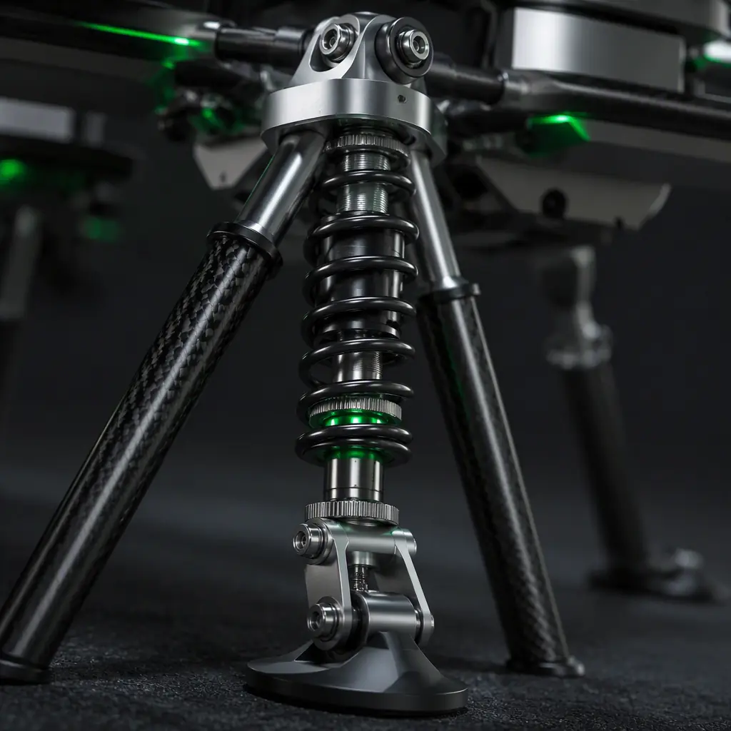 Close-up macro of a shock-absorbing UAV landing gear strut with visible spring and damping elements, aluminum and carbon fiber construction on a dark studio background, green accent lighting, no people faces, no text, no logos