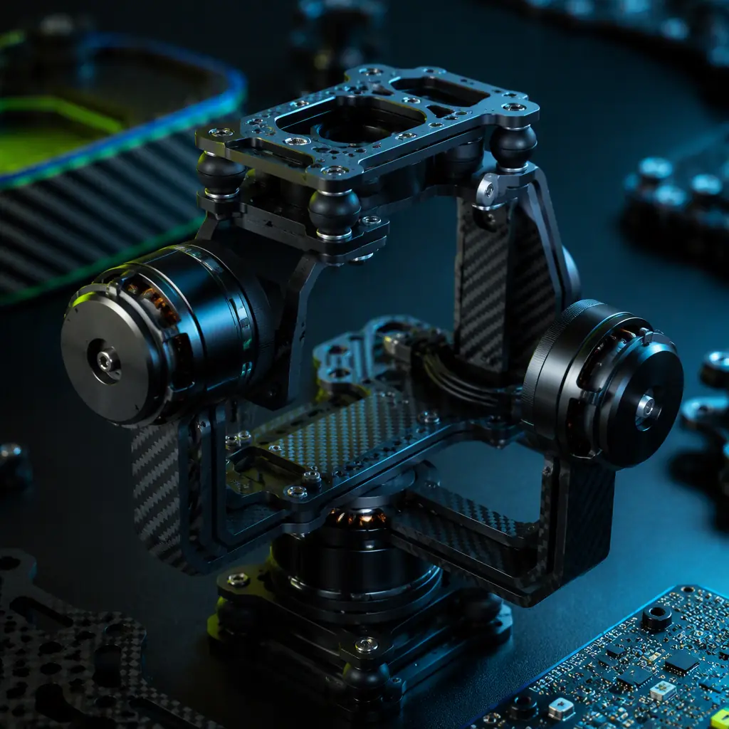 Three-axis brushless gimbal mechanism — yaw, roll and pitch gimbal motors with carbon fiber arms and damping isolators, precision hardware on dark surface with green and blue accent light, macro photography, no people faces, no text, no logos