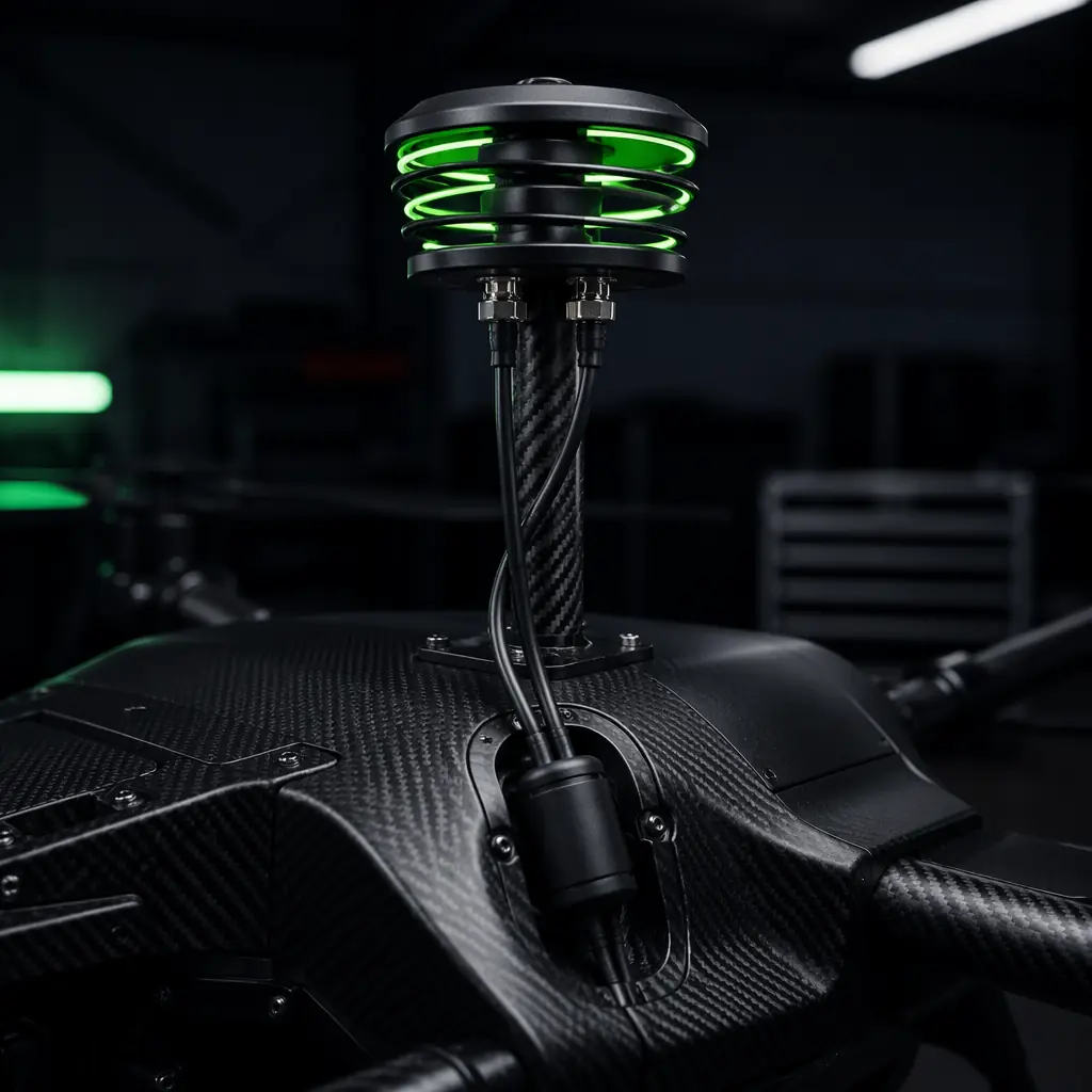 UAV GNSS antenna installation — dual helical antenna mounted on carbon fiber mast above drone airframe, coaxial cable routed through airframe with ferrite choke for EMI suppression, dark aerospace workshop with signal green accent lighting