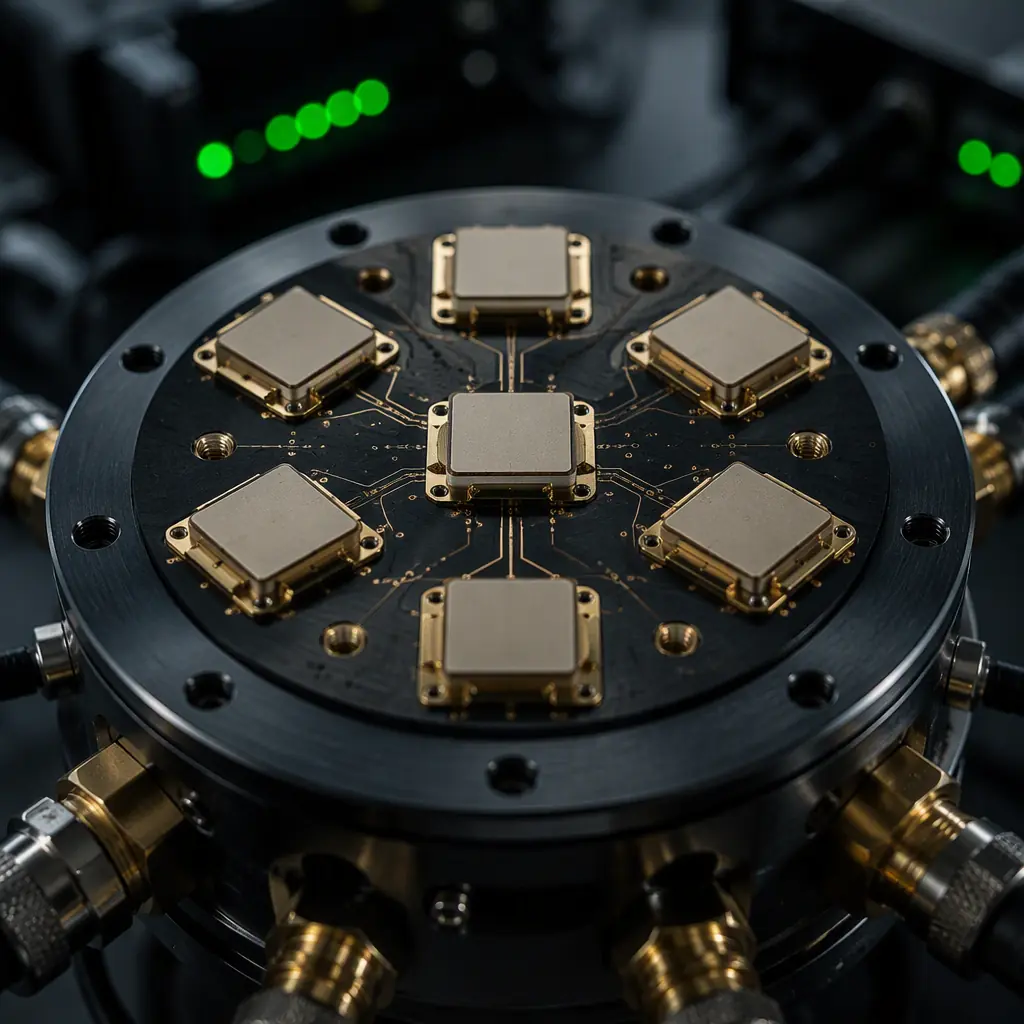 Controlled reception pattern antenna for GNSS — circular array of seven patch antenna elements on a dark metal base plate, precision RF hardware on a laboratory bench with green LED indicators, macro photography, no people faces, no text, no logos