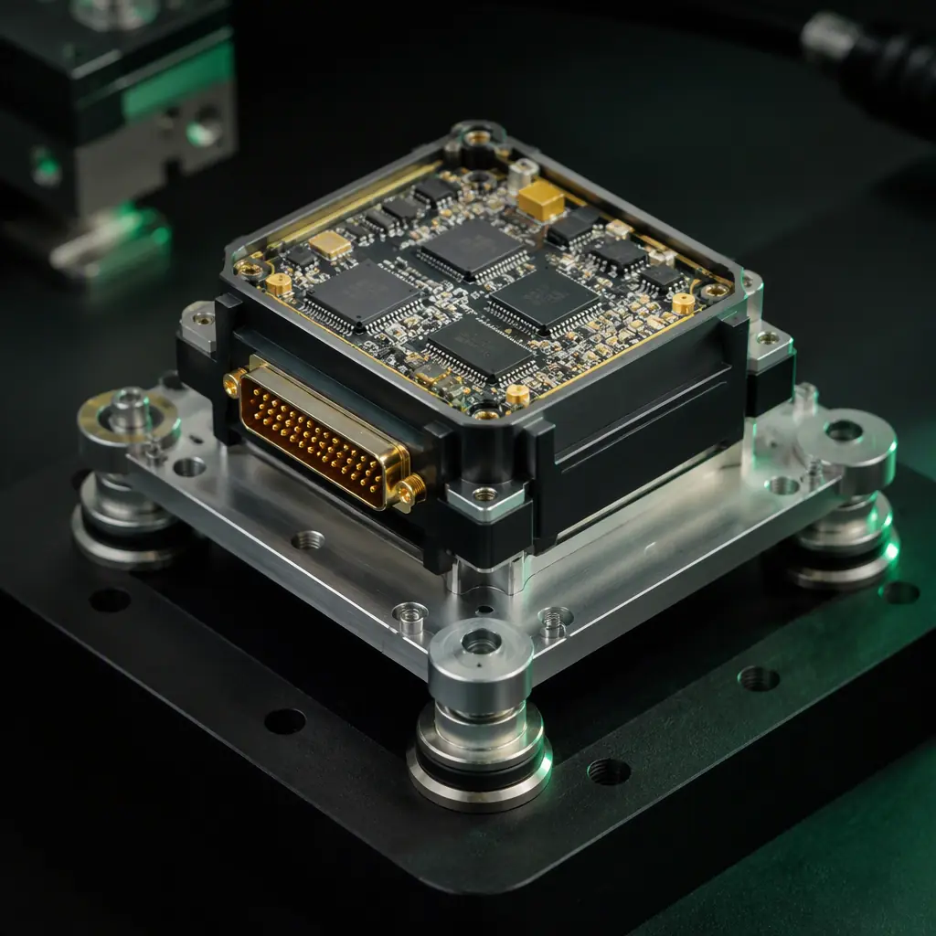 UAV inertial navigation unit — precision MEMS IMU module on a metal mounting block with vibration isolators and gold connector pins, dark bench with soft green accent light, macro photography, no people faces, no text, no logos