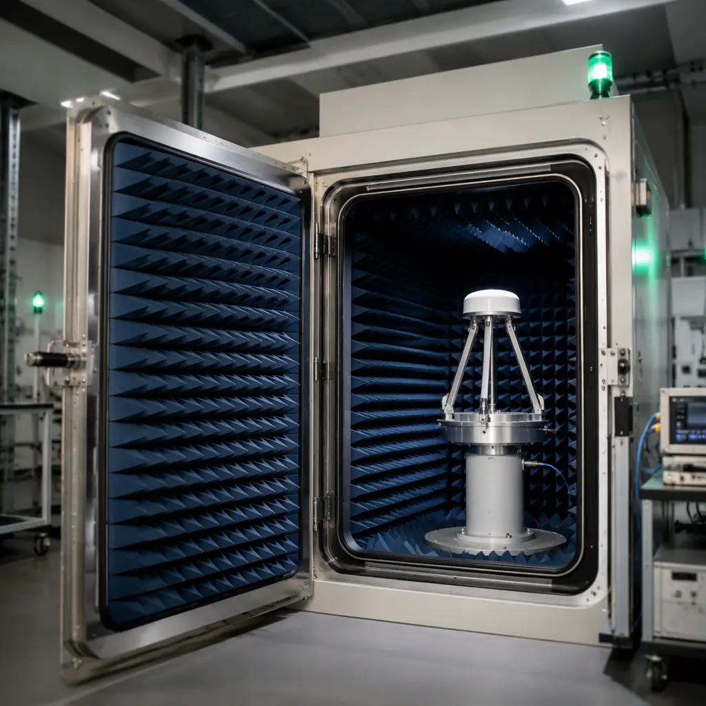 RF shielded test chamber for GNSS receiver testing — open chamber door revealing an antenna test fixture with dark foam absorber panels, industrial laboratory setting with green status lights, precision testing environment, no people faces, no text, no logos