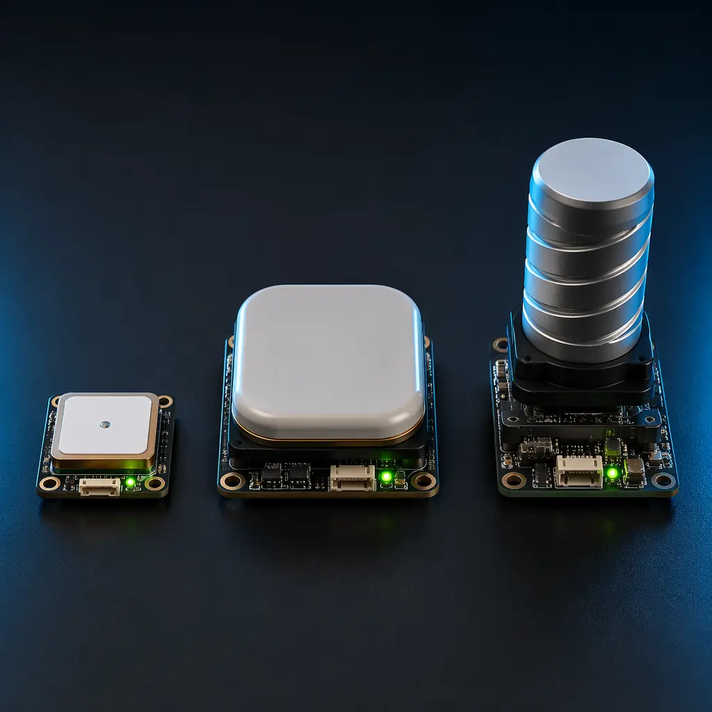 Three UAV GNSS modules side by side on dark engineering surface — compact single-frequency ceramic patch module on left, dual-frequency RTK module with larger antenna in center, survey-grade multi-constellation module with helical antenna on right, each with status LED illuminated, precision component photography