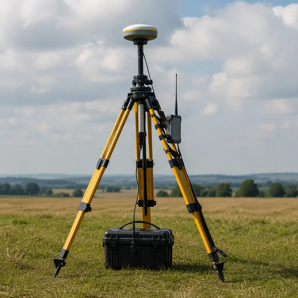 RTK GNSS base station setup — survey-grade tripod with dual-frequency antenna, radio telemetry module with whip antenna, battery pack and weatherproof enclosure, deployed in open field under clear sky, professional surveying equipment photography