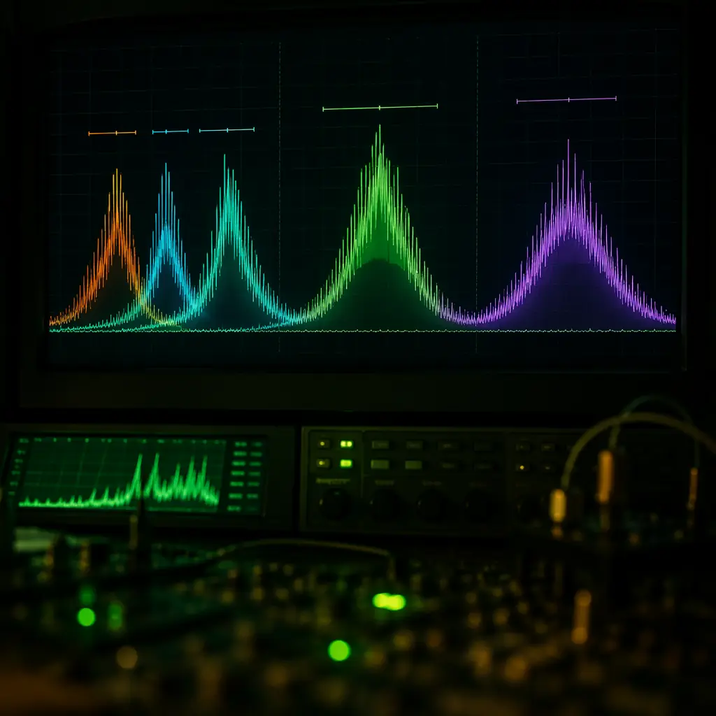 GNSS signal spectrum visualization — L1, L2 and L5 frequency bands displayed on spectrum analyzer with GPS, GLONASS, Galileo and BeiDou satellite signals visible as distinct peaks, dark laboratory environment with green instrument displays, technical RF engineering aesthetic