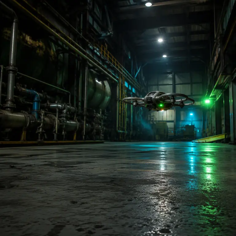 Wide-angle photograph of a UAV inspection aircraft flying low over a textured concrete factory floor inside a covered industrial hall, dark engineering environment lit by sparse overhead luminaires, teal and lime-green accent light reflections on the floor, photorealistic, no people faces, no text, no logos
