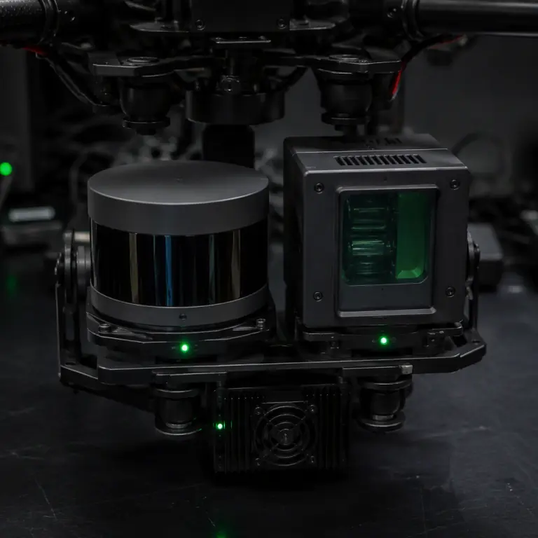 Photograph of a spinning 360-degree 2D LiDAR sensor and a solid-state 3D LiDAR unit side by side on a drone gimbal mount, dark laboratory bench with green status LEDs and cooling fan visible, photorealistic precision sensor aesthetic, no people faces, no text, no logos