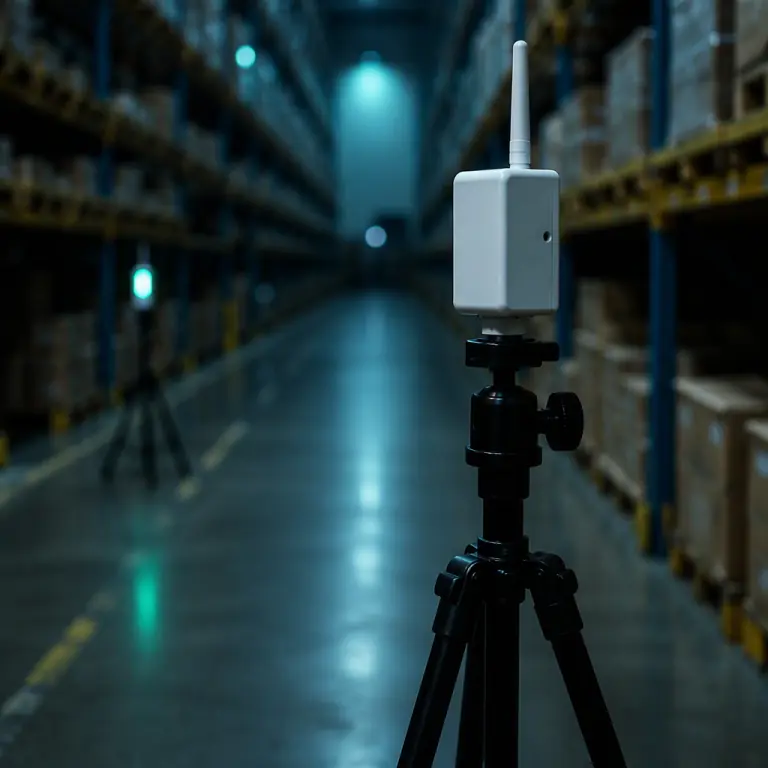 Photograph of a small white UWB positioning tag with stub antenna mounted on a tripod inside a dark warehouse aisle, another anchor blinking green in the blurred background, industrial indoor positioning atmosphere, teal accent lighting, photorealistic, no people faces, no text, no logos