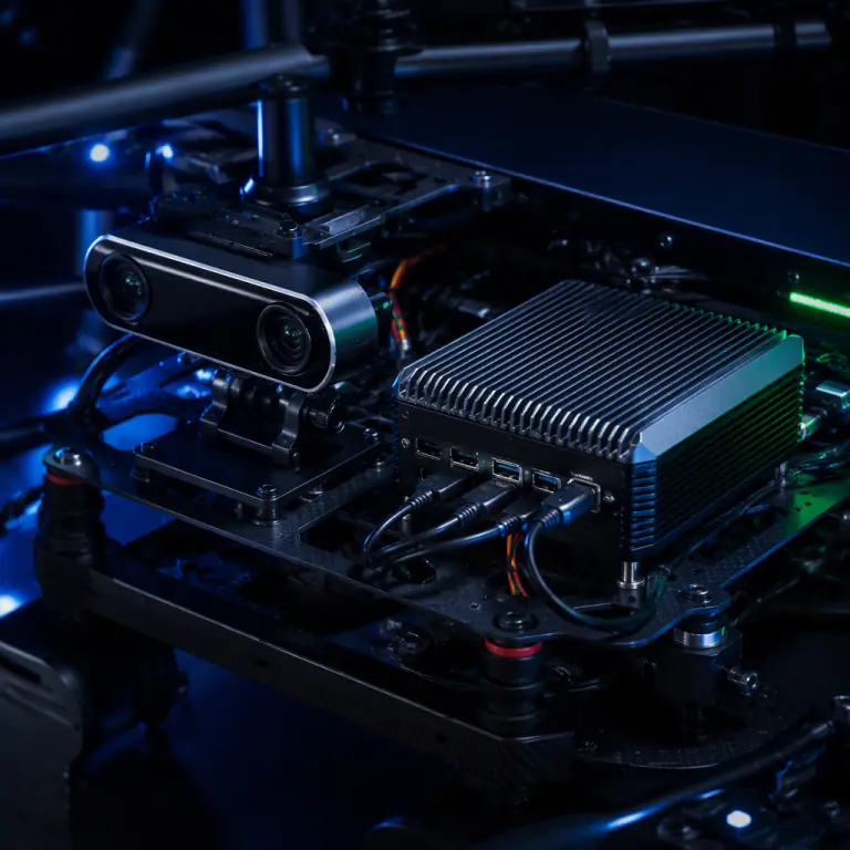 Photograph of a stereo vision camera pair rigidly mounted next to a compact fanless embedded computer on a UAV electronics tray, dark engineering lab with blue and green LED accent lighting, precision machined mounts, photorealistic, no people faces, no text, no logos