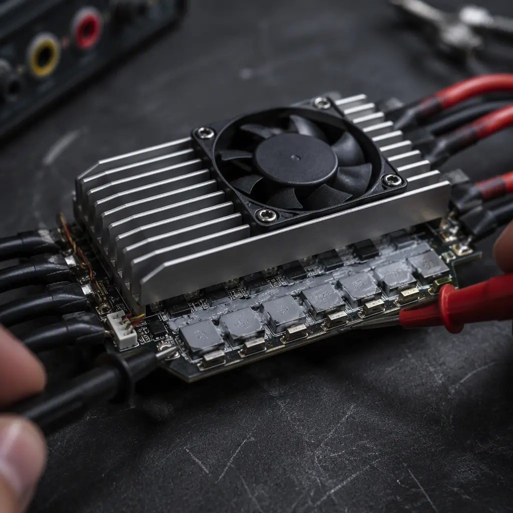 High-current ESC with integrated heatsink and active cooling for heavy-lift UAV propulsion system