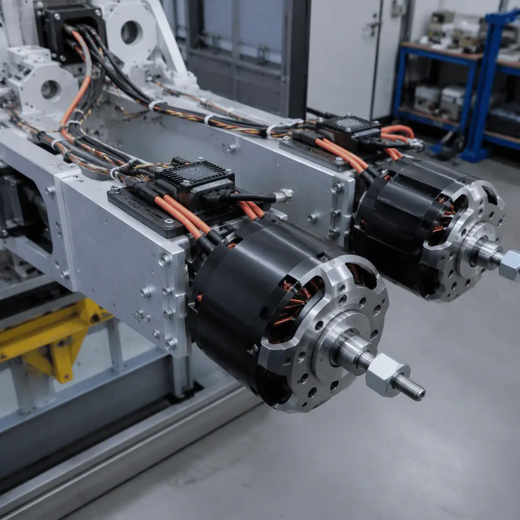 Large-diameter low-KV brushless motors with high-current ESCs mounted on heavy-lift UAV propulsion test stand