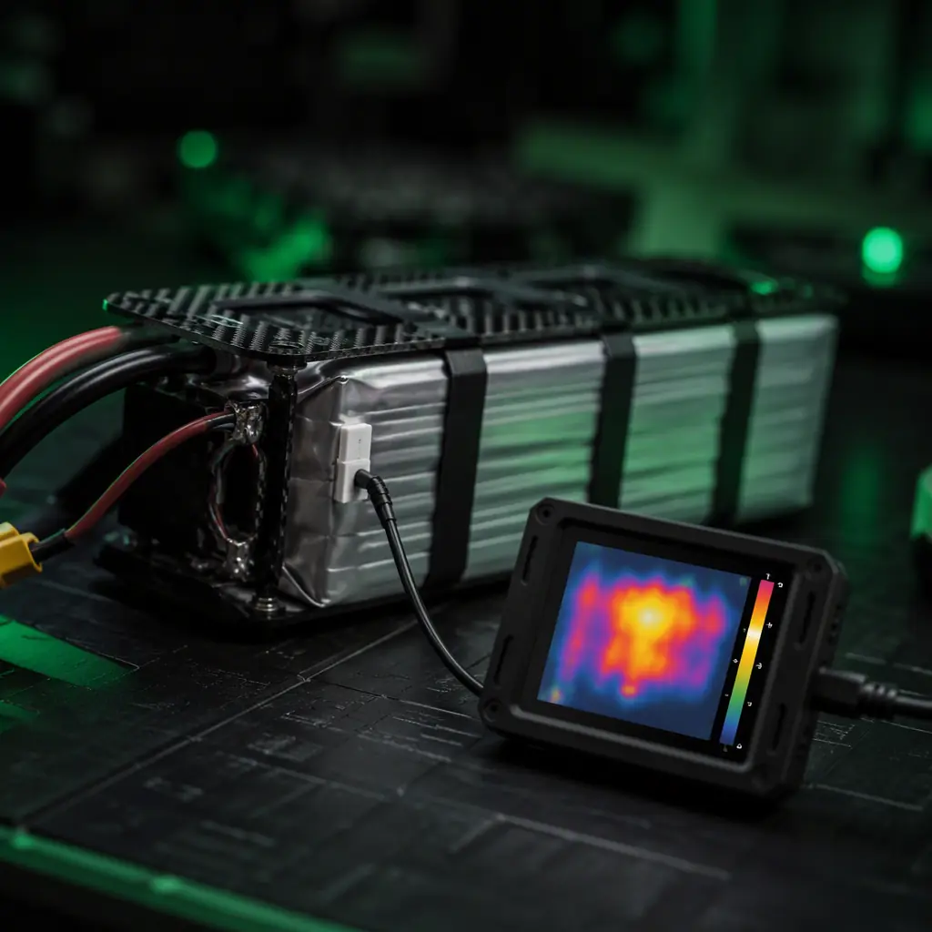 Macro photograph of a UAV lithium battery pack with a temperature sensor lead and thermal monitoring display, heat shimmer in the background, dark workshop with green accent lighting, no people faces, no text, no logos