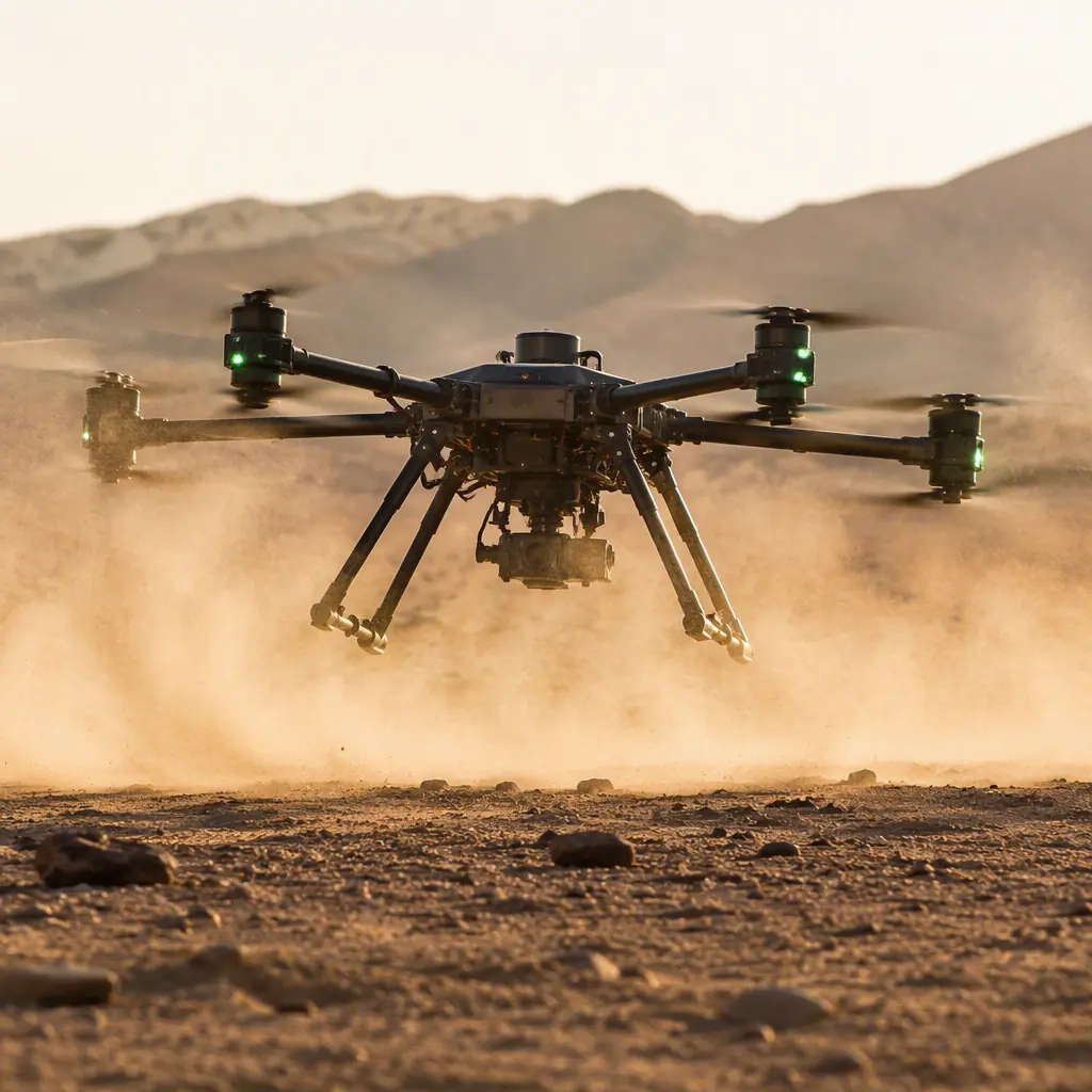 Photograph of a multirotor UAV lifting off from a desert field with fine dust swirling beneath the rotors, heat haze on the horizon, dark airframe with green status LEDs, no people faces, no text, no logos