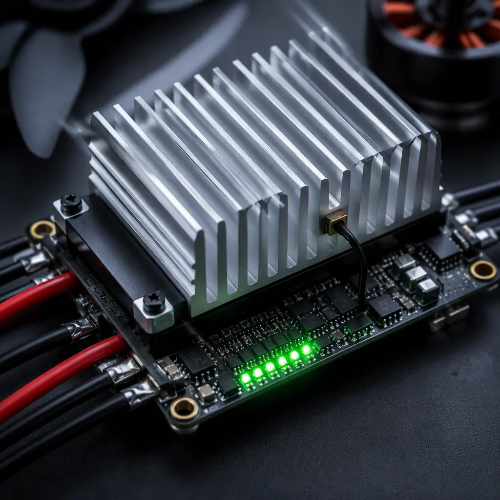 Macro photograph of a UAV ESC with a large heat sink and thermal sensor, temperature readout visible on a nearby display, dark engineering bench, green LED indicators, no people faces, no text, no logos