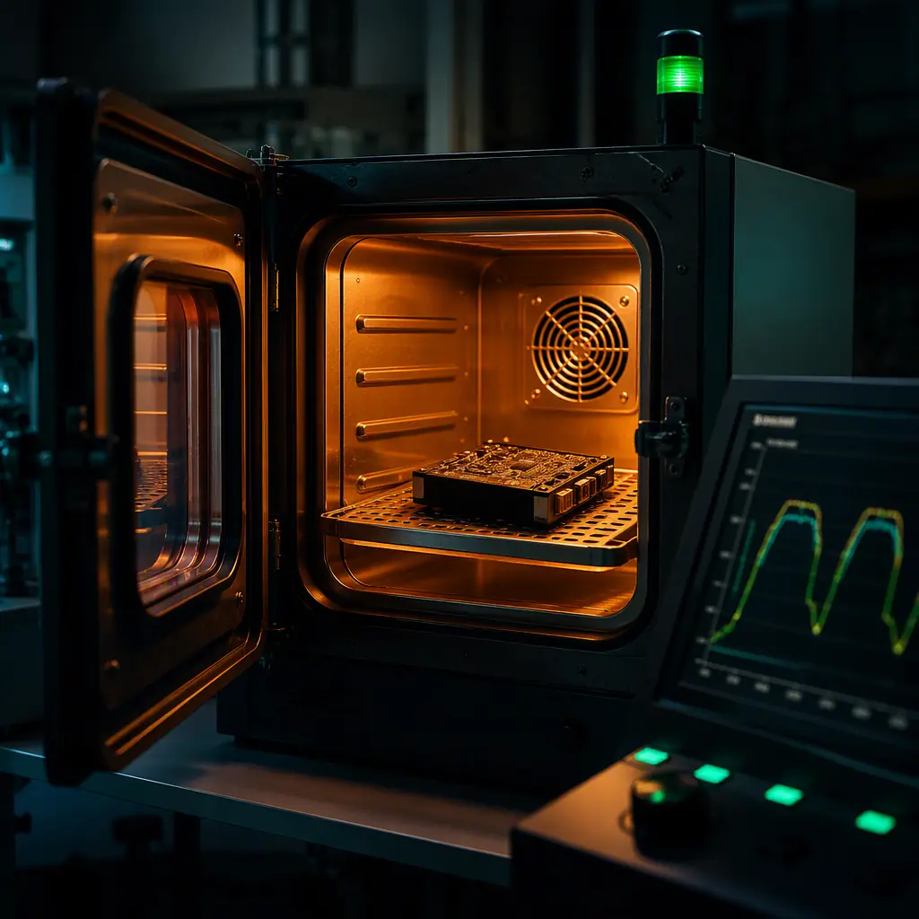 Photograph of a UAV electronics unit inside an environmental test chamber with a thermal cycling display, warm orange interior light, dark laboratory, green accent lighting, no people faces, no text, no logos