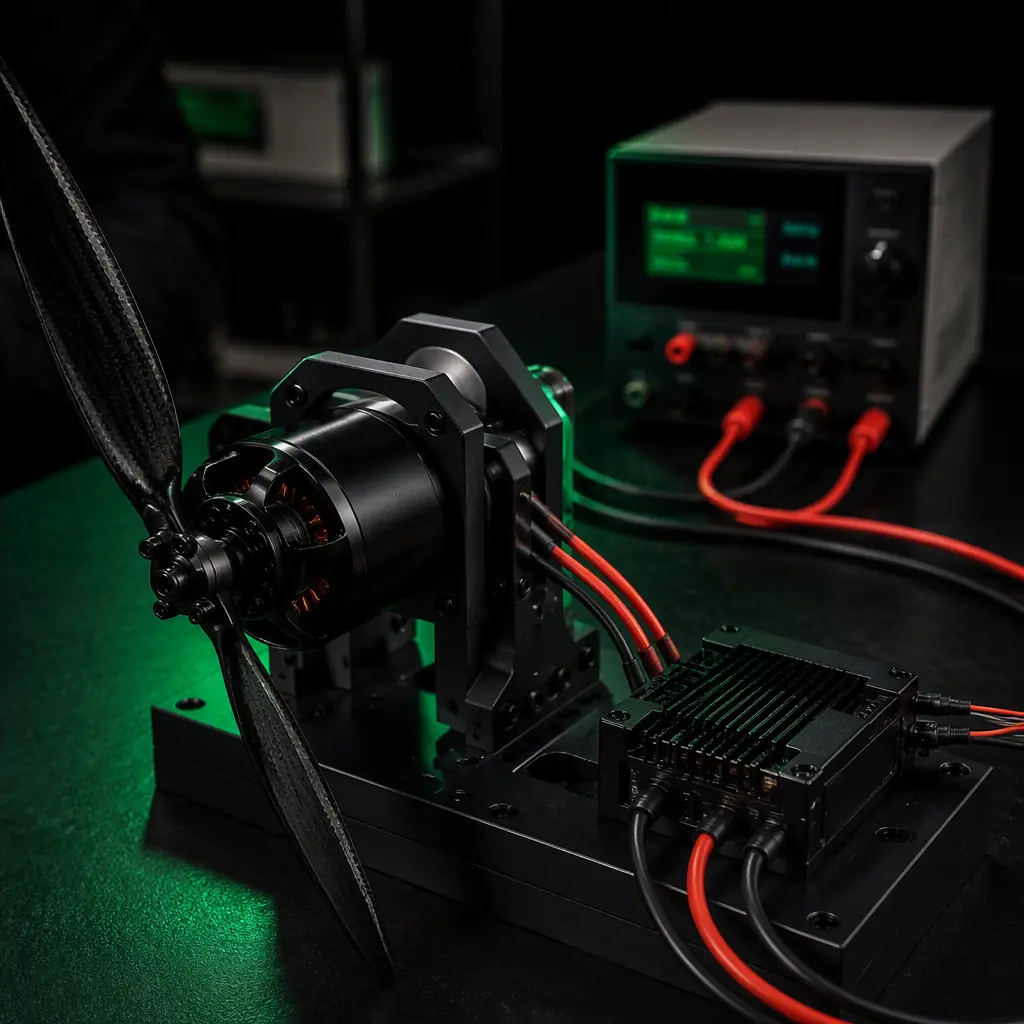 Photograph of a brushless motor and ESC on an actuator test stand with a carbon fiber propeller, connected to a bench power supply with thick cables, dark laboratory environment with green accent lighting, no people faces, no text, no logos