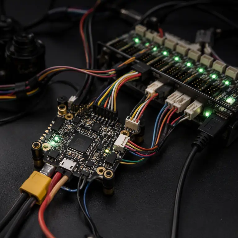 Macro photograph of a flight controller wired to a simulator interface board on a dark bench, dozens of wires and connectors, green status LEDs, precision electronics, dark background, no people faces, no text, no logos