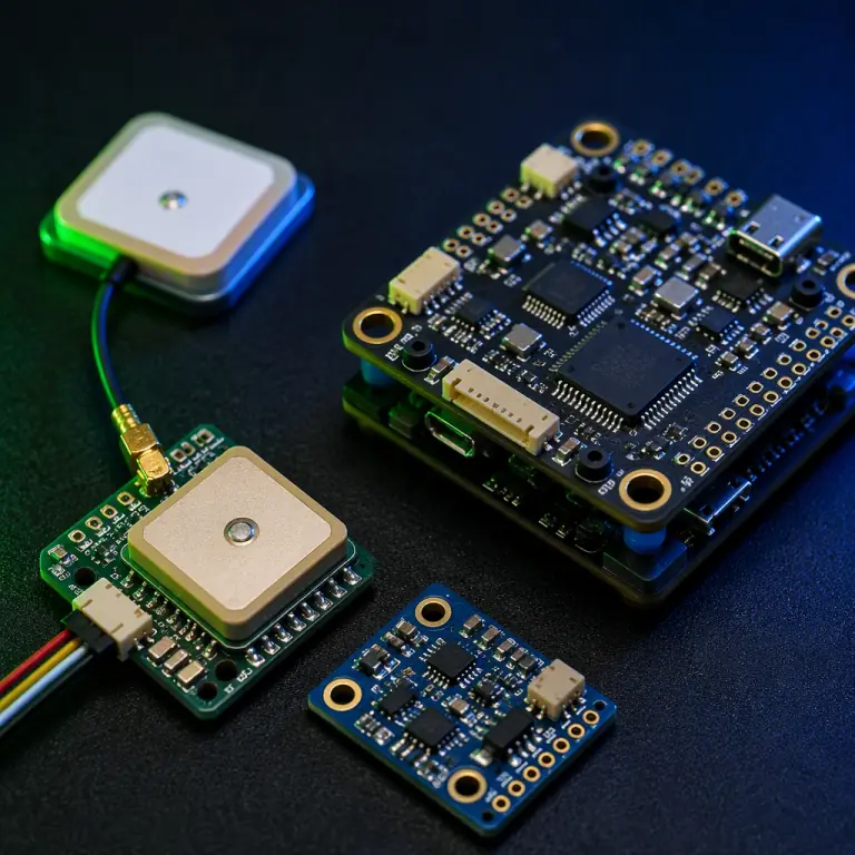 Close-up of a GNSS receiver module and IMU breakout board beside a flight controller on a dark surface, antenna with cable, engineering macro photography, green and blue accent lighting, no people faces, no text, no logos
