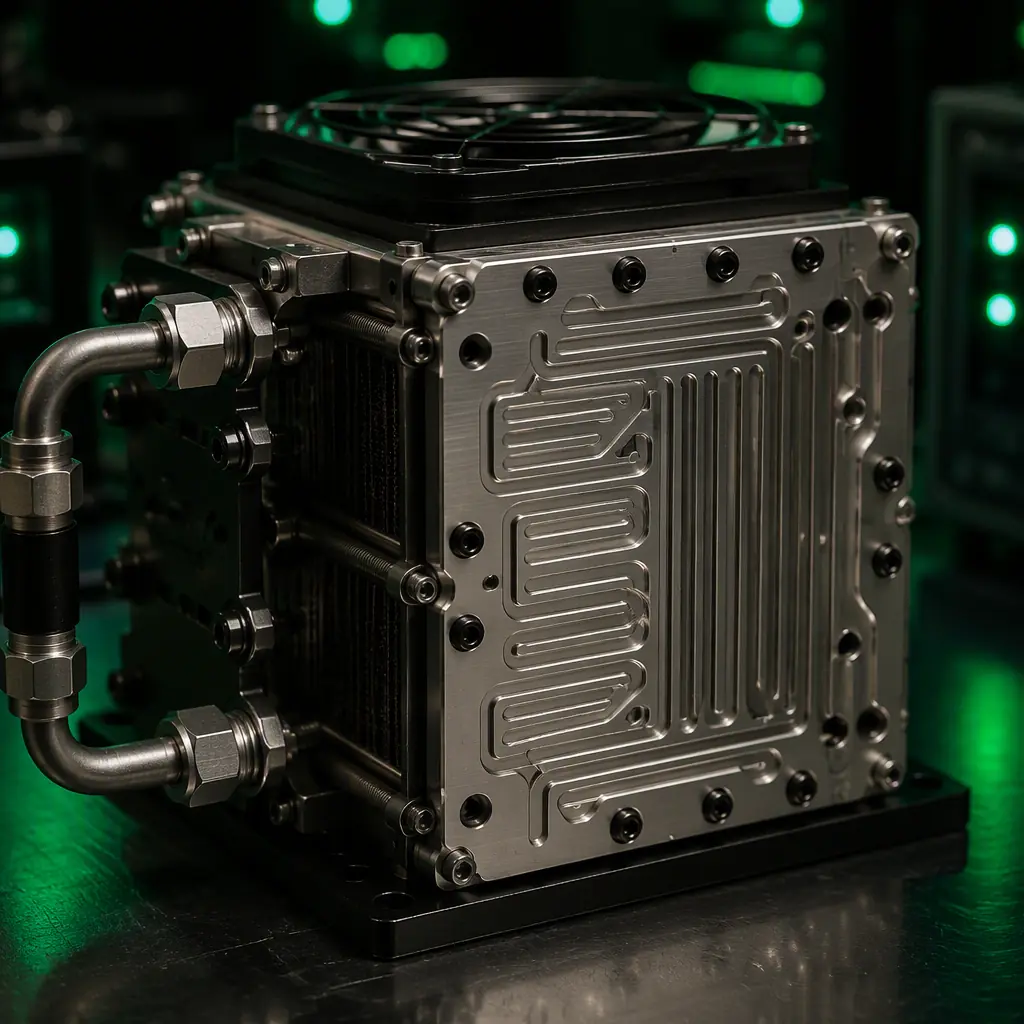 Macro close-up of UAV PEM fuel cell stack — metallic bipolar plates with flow field channels visible, membrane electrode assembly layers, hydrogen inlet manifold with compression fittings, cooling fan integrated into stack housing, dark aerospace engineering laboratory lighting with green indicator LED accents, precision electrochemical device photography, no people faces, no text, no logos