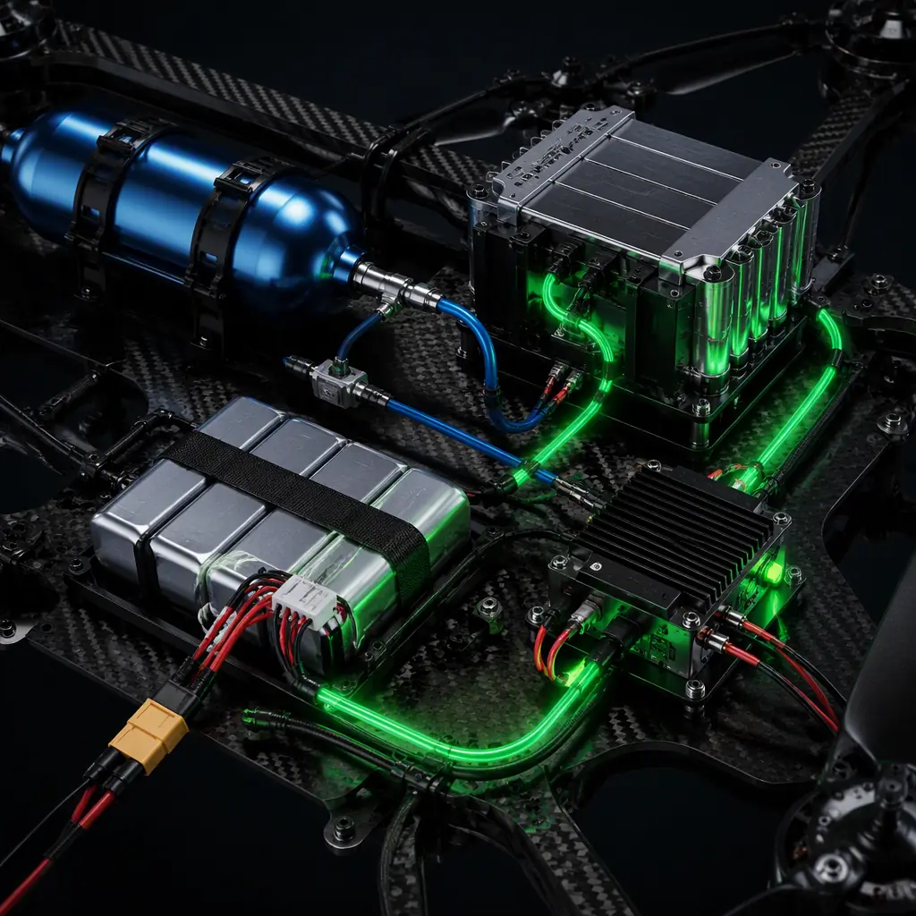 3D exploded view render of UAV hybrid fuel cell-battery power system — fuel cell stack, buffer battery pack, power management unit DC-DC converter, hydrogen cylinder and balance-of-plant components arranged on carbon fiber mounting plate, electrical interconnects visible between modules, dark aerospace engineering visualization with green energy flow highlighting, technical precision aesthetic, no people faces, no text, no logos