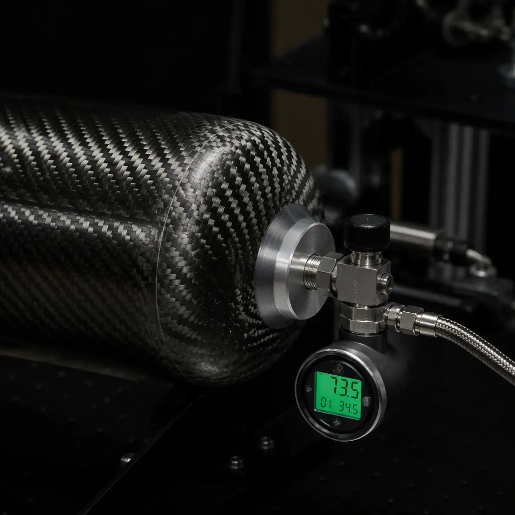 Photorealistic close-up of UAV hydrogen storage system — carbon-fiber-overwrapped Type 3 composite cylinder with 350 bar pressure rating, precision-machined aluminum boss with compression fitting and pressure regulator, pressure gauge with green backlit display showing fill level, dark engineering workspace with technical instrumentation lighting, aerospace component photography, no people faces, no text, no logos
