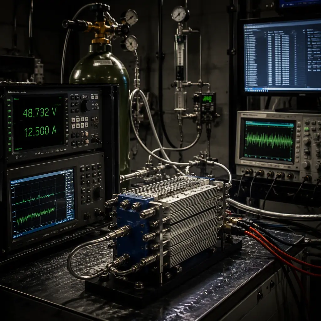 UAV hydrogen fuel cell test bench — PEM stack connected to electronic load bank with power analyzer display showing voltage, current and efficiency curves, hydrogen cylinder with pressure regulator and mass flow meter, data acquisition system with green waveform traces on monitor, dark aerospace engineering laboratory with focused task lighting, precision testing instrumentation photography, no people faces, no text, no logos