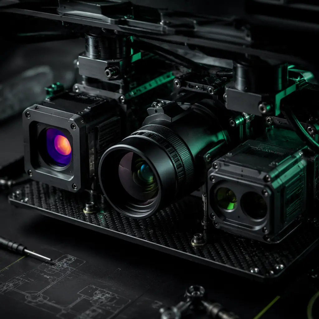 Close-up of UAV sensor payload suite — thermal camera, optical zoom lens, and laser rangefinder on stabilized gimbal, dark tech aesthetic