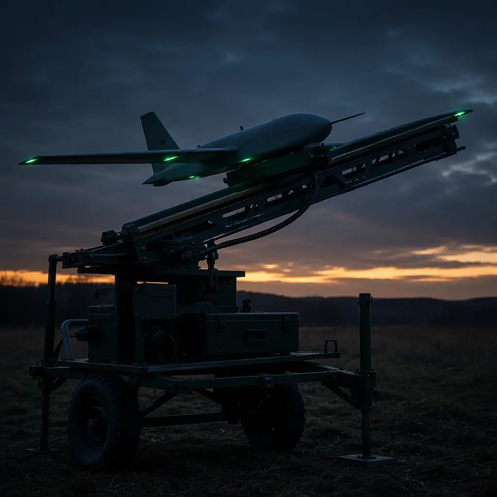 UAV catapult launcher rail on a field cart at dusk with a fixed-wing drone sitting on the rail, dark moody engineering scene with green accent lighting, no people faces, no text, no logos