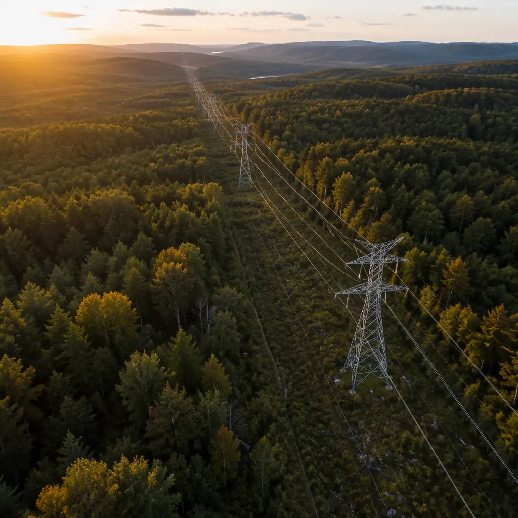 Aerial photograph of a power line corridor crossing forested terrain, shot from a UAV perspective, the classic LiDAR corridor mapping mission, late afternoon light, no people faces, no text, no logos