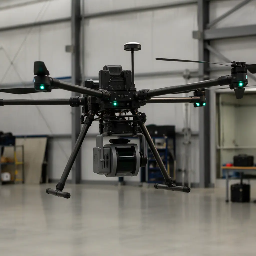 Photograph of a UAV LiDAR payload mounted under a multirotor airframe, scanner housing and GNSS antenna visible, engineering hangar background, dark aircraft with green status LED accents, no people faces, no text, no logos