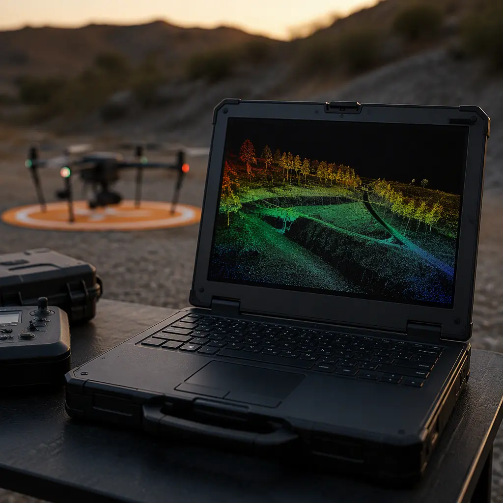 Photograph of a laptop on a field table showing a colored point cloud of terrain on screen, UAV on a landing pad in the background, late afternoon light, dark engineering environment, no people faces, no text, no logos