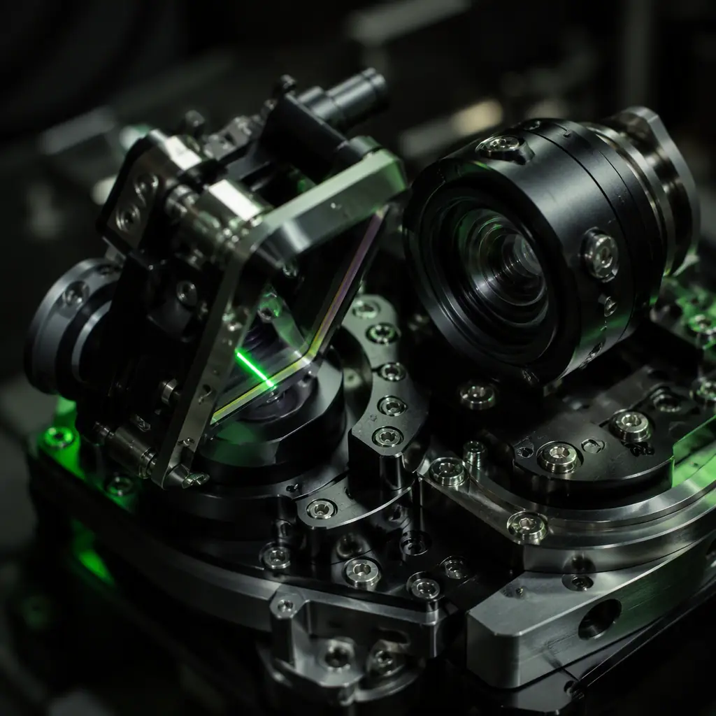 Macro photograph of a LiDAR scanner unit with its rotating mirror housing and lens partially open, precision optical surfaces, dark workshop with green accent lighting, no people faces, no text, no logos