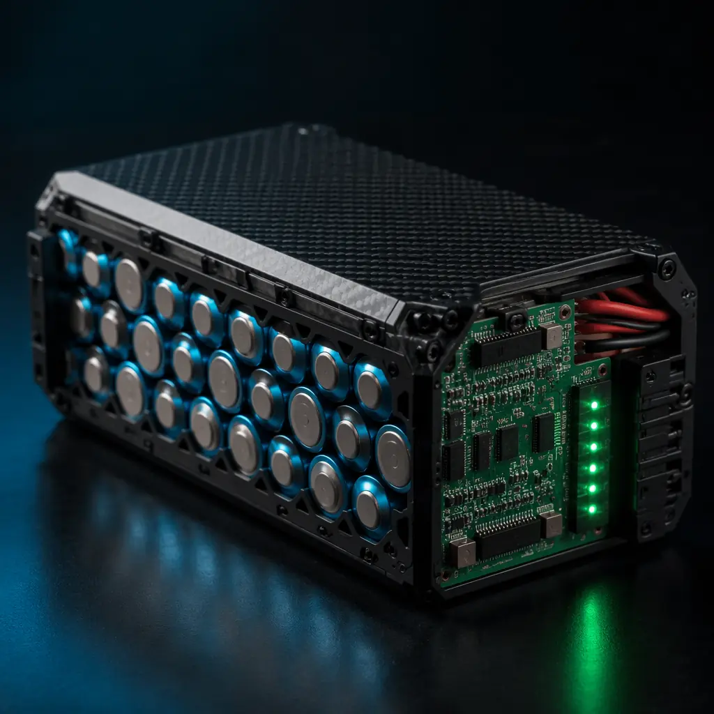 High-capacity 12S Li-Ion battery pack with 21700 cells and integrated BMS for delivery drone, dark technical studio lighting