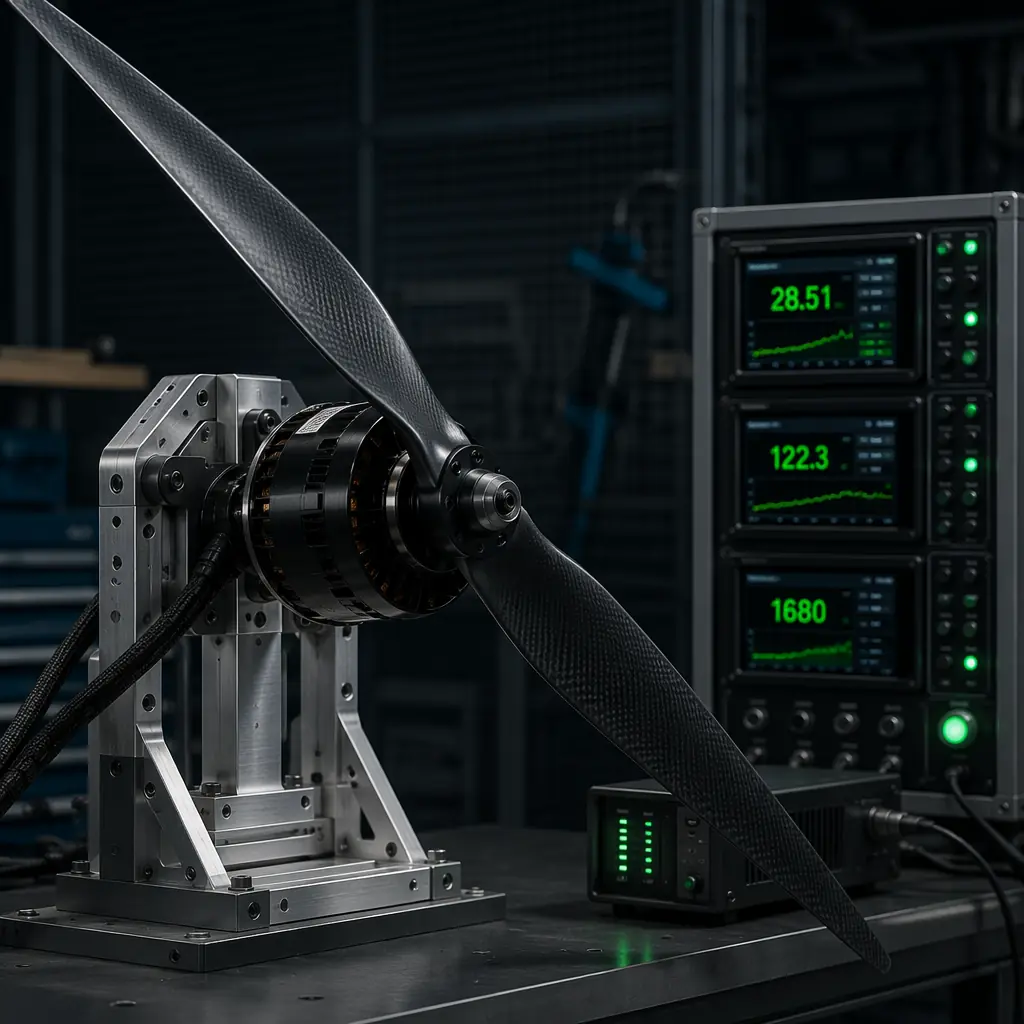 Heavy-lift brushless motor with 28-inch carbon fiber propeller on test stand with thrust measurement instrumentation, dark industrial aesthetic