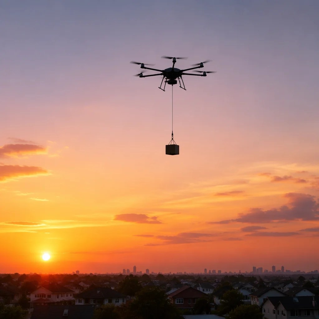 Four UAV application scenarios — inspection drone near infrastructure, mapping drone over terrain, delivery drone with package, agricultural drone over crops