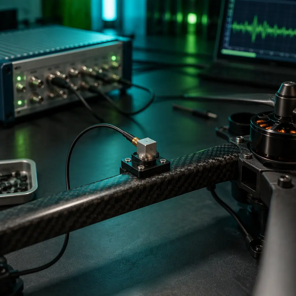 Photorealistic photograph of a bench setup with an accelerometer mounted on a carbon fiber UAV arm connected to a data acquisition unit and a laptop showing an abstract waveform trace, dark laboratory bench with teal and lime green accent lighting, no readable text, no people faces, no logos