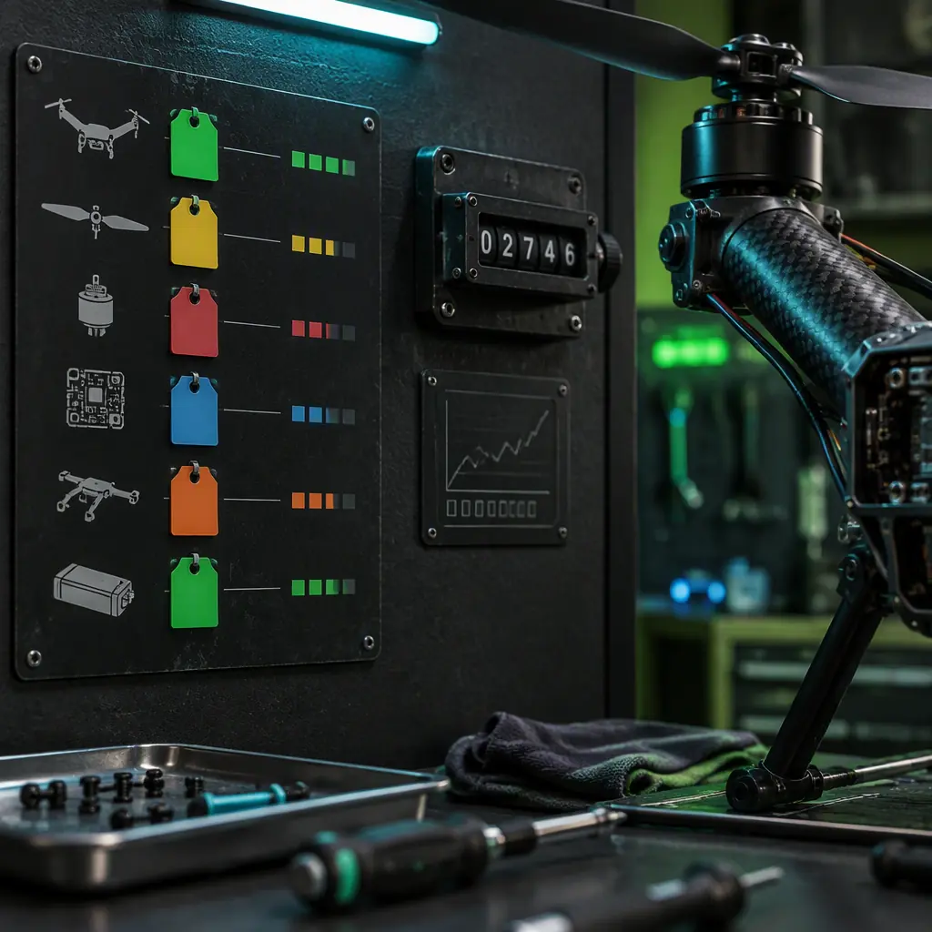 Photorealistic close-up photograph of a UAV maintenance tracking board on a dark workshop wall with coloured interval tags and a flight hour counter beside a partially disassembled drone arm, teal and lime green accent lighting, no readable text, no people faces, no logos